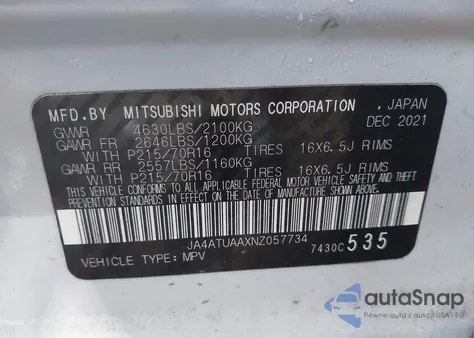 2022 Mitsubishi Eclipse Cross Es S-Awc z USA, uszkodzony, nr VIN JA4ATUAAXNZ057734